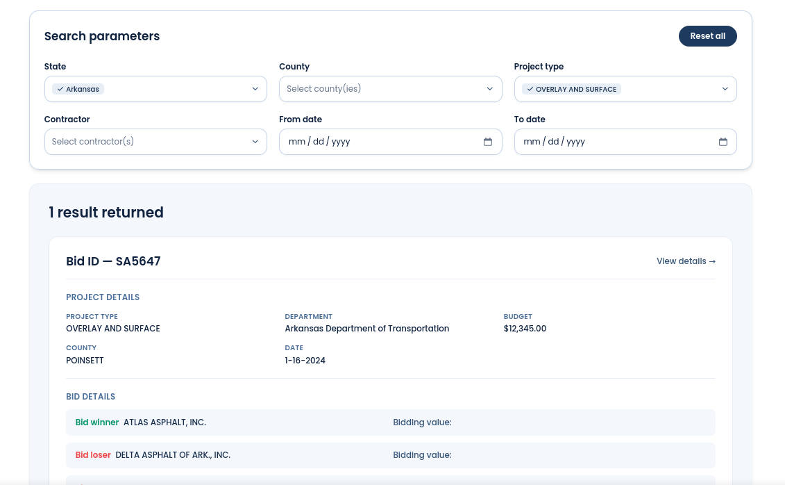 BidAI search parameters and project result details